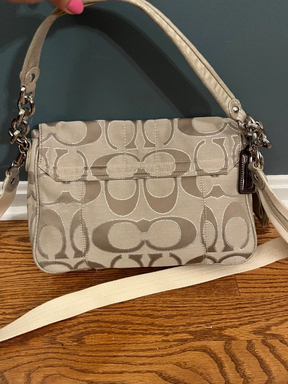 Coach Poppy Signature C Metallic Sateen & Leather Messenger Flap Satchel #18352